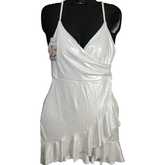 HALARA White Shimmer‎ Ruffle Flounce Strappy Mini Dress sz XS NWT - Picture 2 of 5